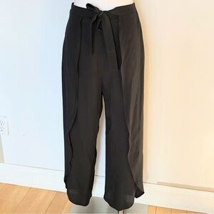 black crepe Beach Cover up front tie side slit flowy Summer pants M